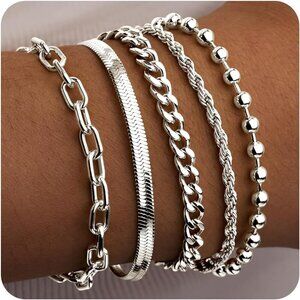 Silver-Dainty Stack Cuban Beaded Paperclip Bracelets Jewelry Gifts for Women